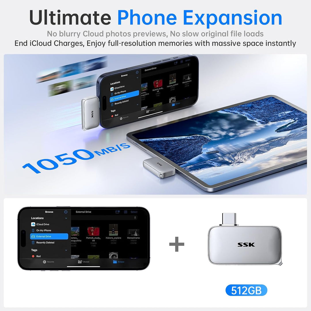 SSK 2TB Externe SSD, USB-C Portable SSD Festplatte Extern bis zu 1050MB/s | USB3.2 Gen2 Plug‑&amp;‑Play,