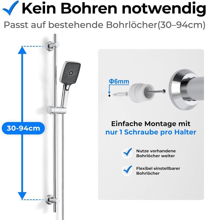 Görbach Duschstange 100 cm Edelstahl Brausestange, Chrom | flexibel 30–94 cm verstellbare Wandhalter