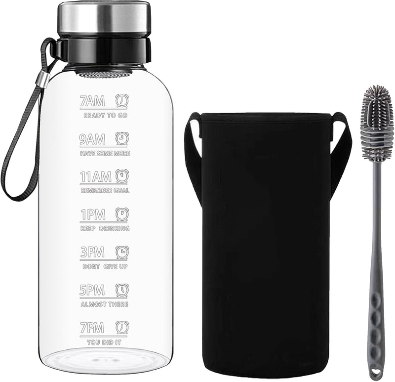 RNCKUUE 1.5 Liter Glasflasche, 1.5l Glas Trinkflasche, Wasserflasche Glas mit Sieb, Neoprenhülle, Fl