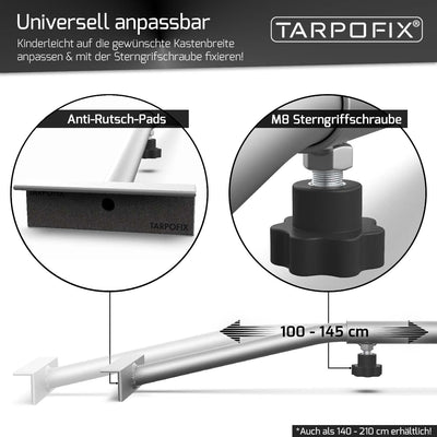 Tarpofix® Anhängerplane Flachplane 2075x1140 + 2x Planenbügel (verstellbar 100-145 cm) - randverstär