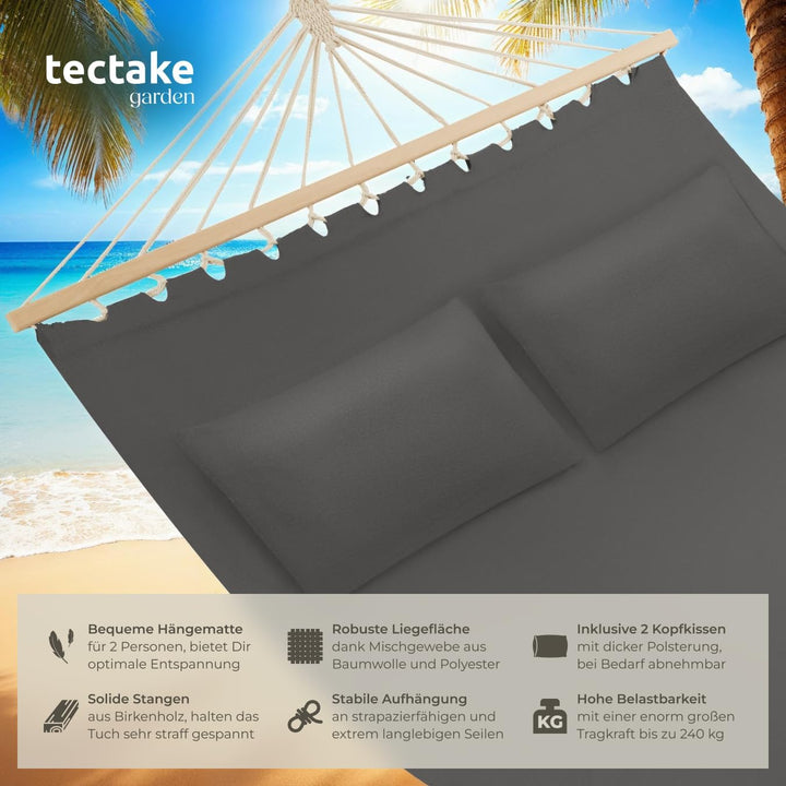 tectake® Doppel Hängematte Outdoor, XXL Stoff Schaukeltuch, Sonnenliege 2 Personen inkl. Kissen, Sch
