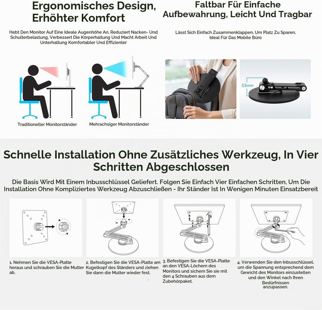 Waveshare VESA Portable Monitor Adjustable Stand, Compatible with Monitors Up to 19 Inches, Multi-Ax