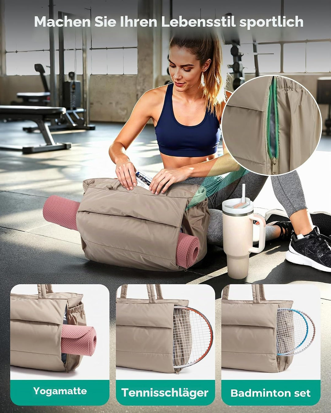 bagsmart Handtasche Damen Sporttasche Yogatasche, 22L Puffer Tote Bag mit Mehreren Taschen, Leichte