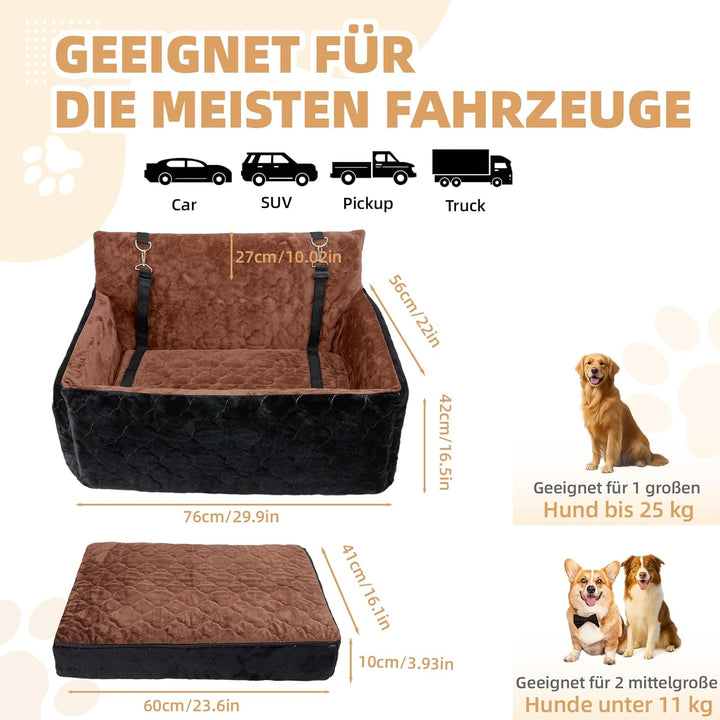 Hunde Autositz für mittlerer grosse Hunde,waschbarer Hundebett Auto für den Rücksitz, Braun+schwarz,