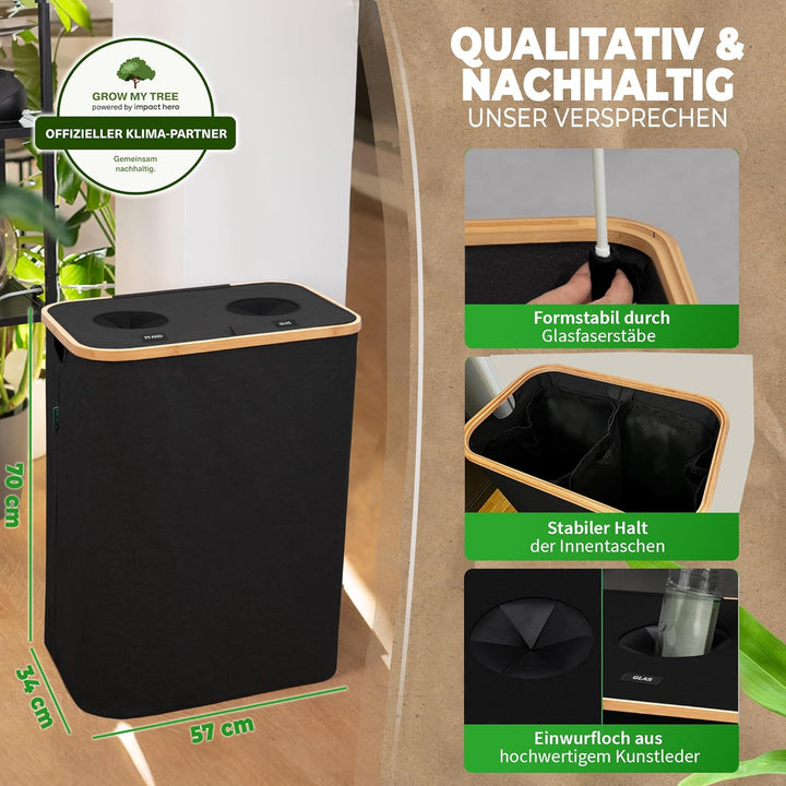 COTTARA® Pfandflaschen Sammelbehälter 2 Fächer | Pfandbehälter mit Deckel und 2x Tragetasche | Ideal