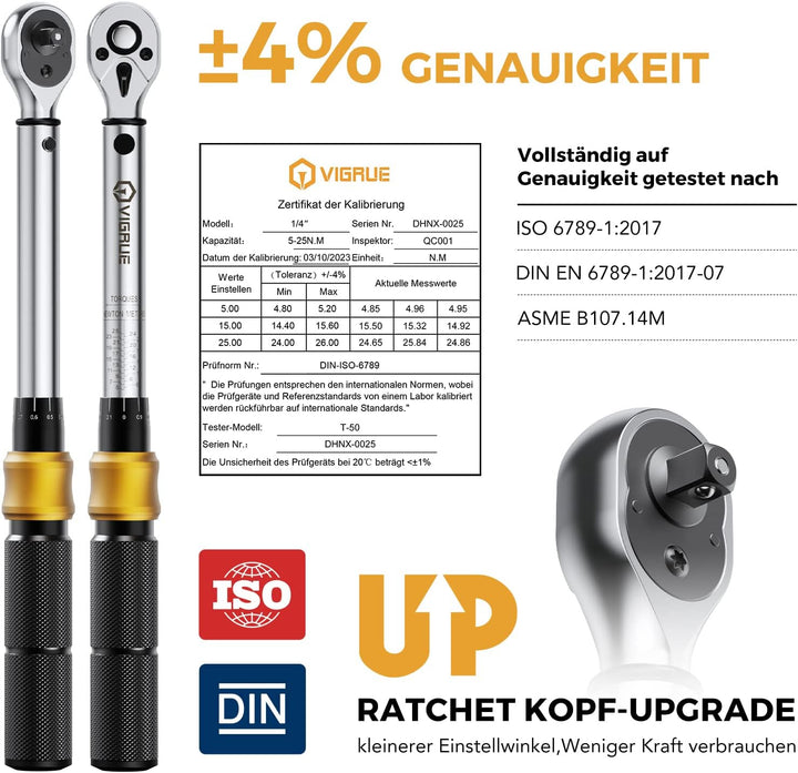 Drehmomentschlüssel Fahrrad,VIGRUE 1/4 Zoll Drehmomentschlüssel 5-25 Nm ±4% Fehlergenauigkeit mit Ve