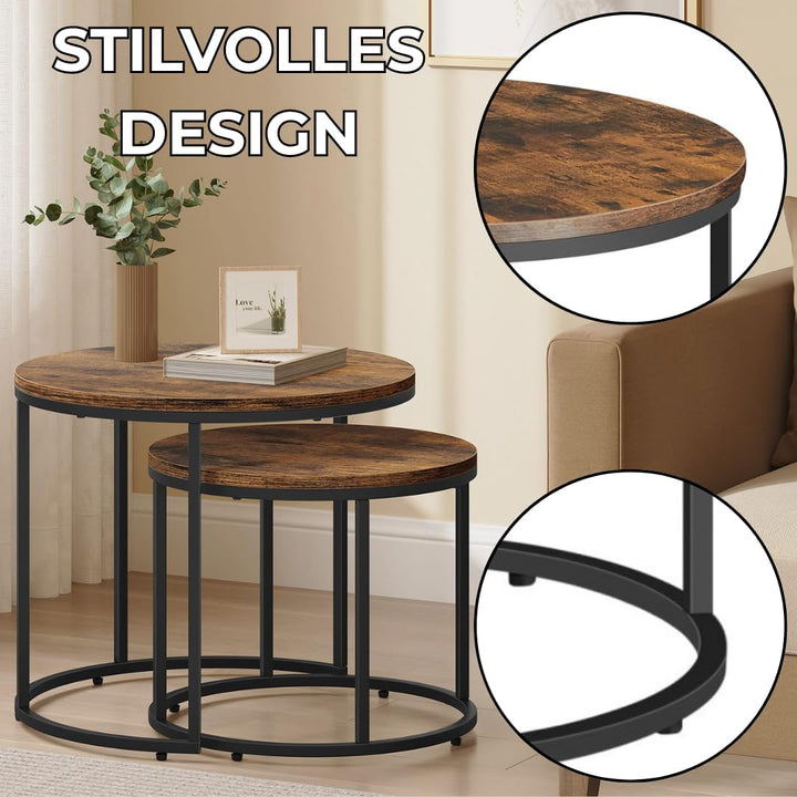 FORTENA 2er Set Couchtische, Schwarze oder goldene Metallbeine, Industrial-Stil, Raund (Rustikal – S
