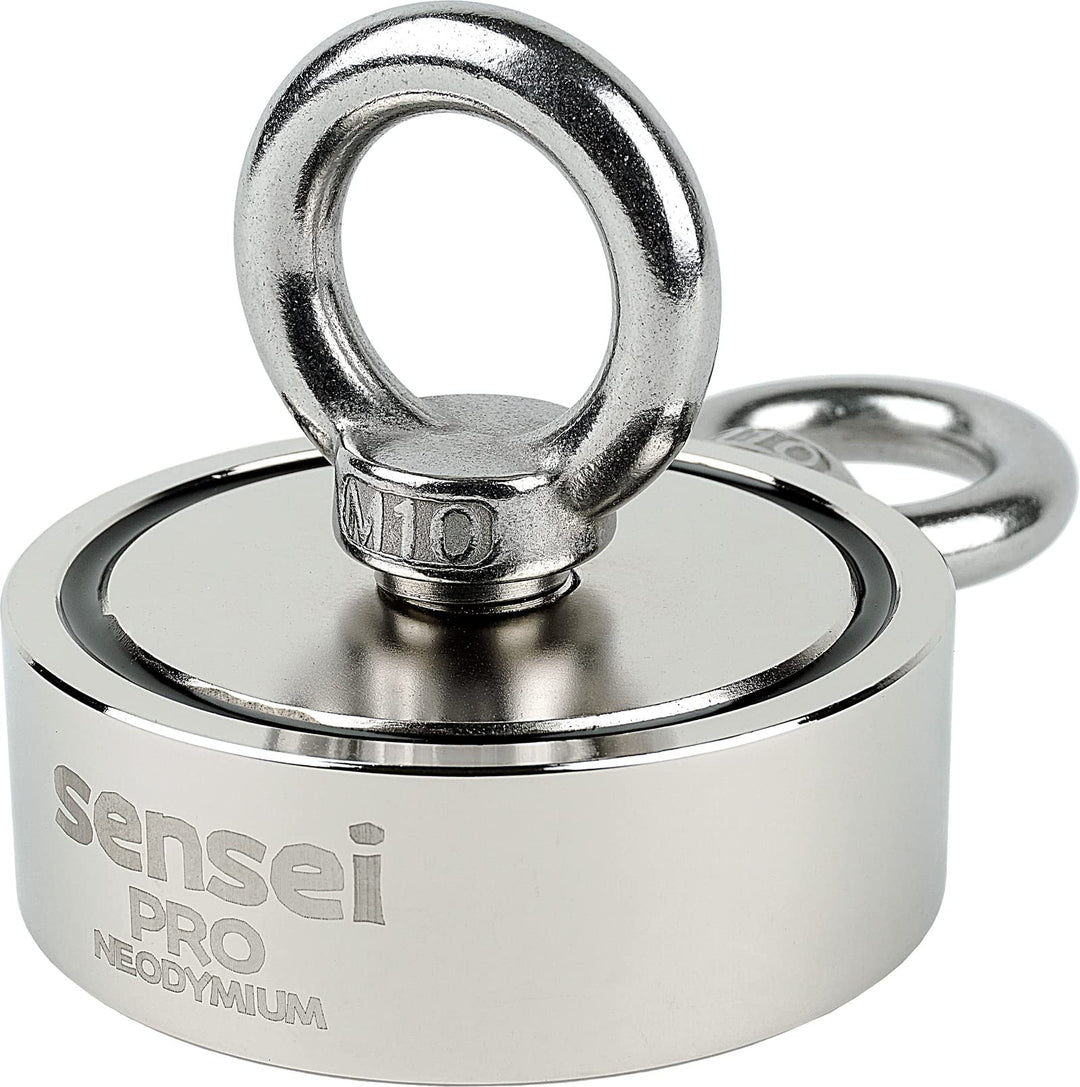 SENSEI Magnet 250 kg, Doppelseitiger Neodym-Magnet N52 mit 2 Ösen oben und seitlich, Ø7,5 x H2,5 cm,