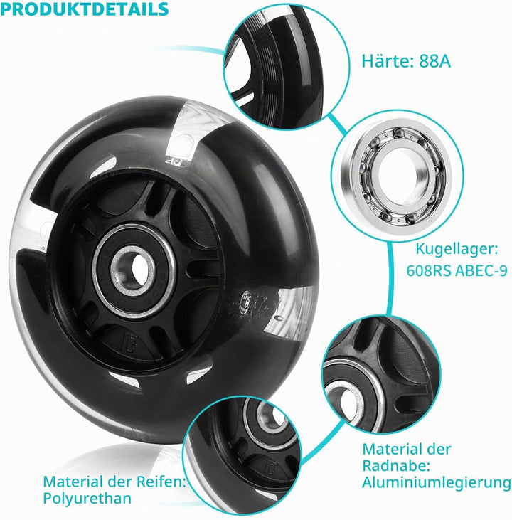 DBREAKS Leuchtende Stunt Scooter Rollen, 4 Stück LED-Lichtrollen, 80mm+120mm Led Scooter Ersatzräder