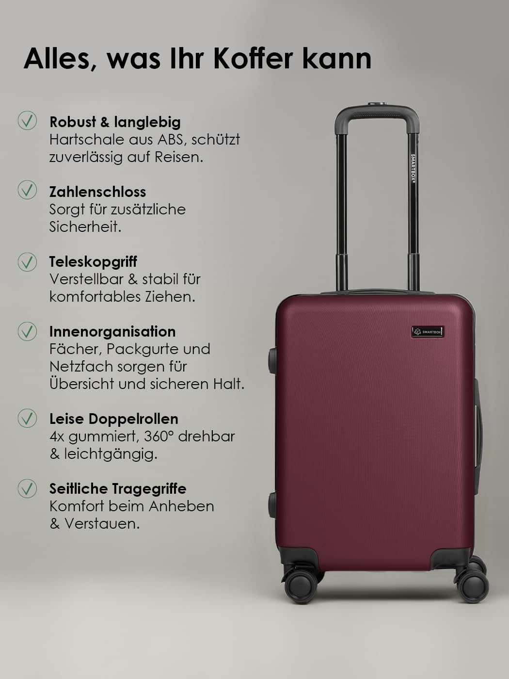 Smartbox Hartschalen Kabinen-Koffer für Damen &amp; Herren | Kleiner Trolley 40 x 23 x 55 cm aus hochwer