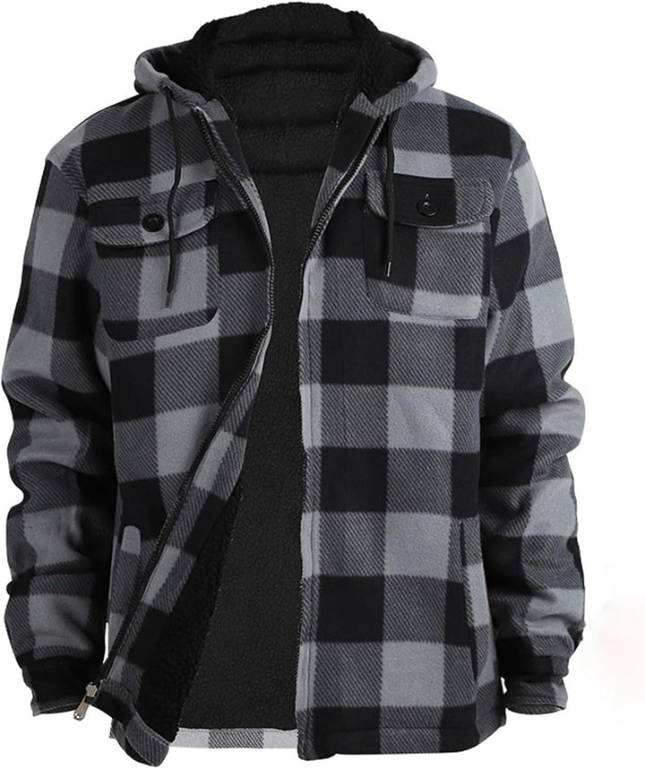 Holzfäller Thermohemd Herren Gefüttert Mit Kapuze Karierte Teddy-Fleece Flanellhemd Langarm Zipper K
