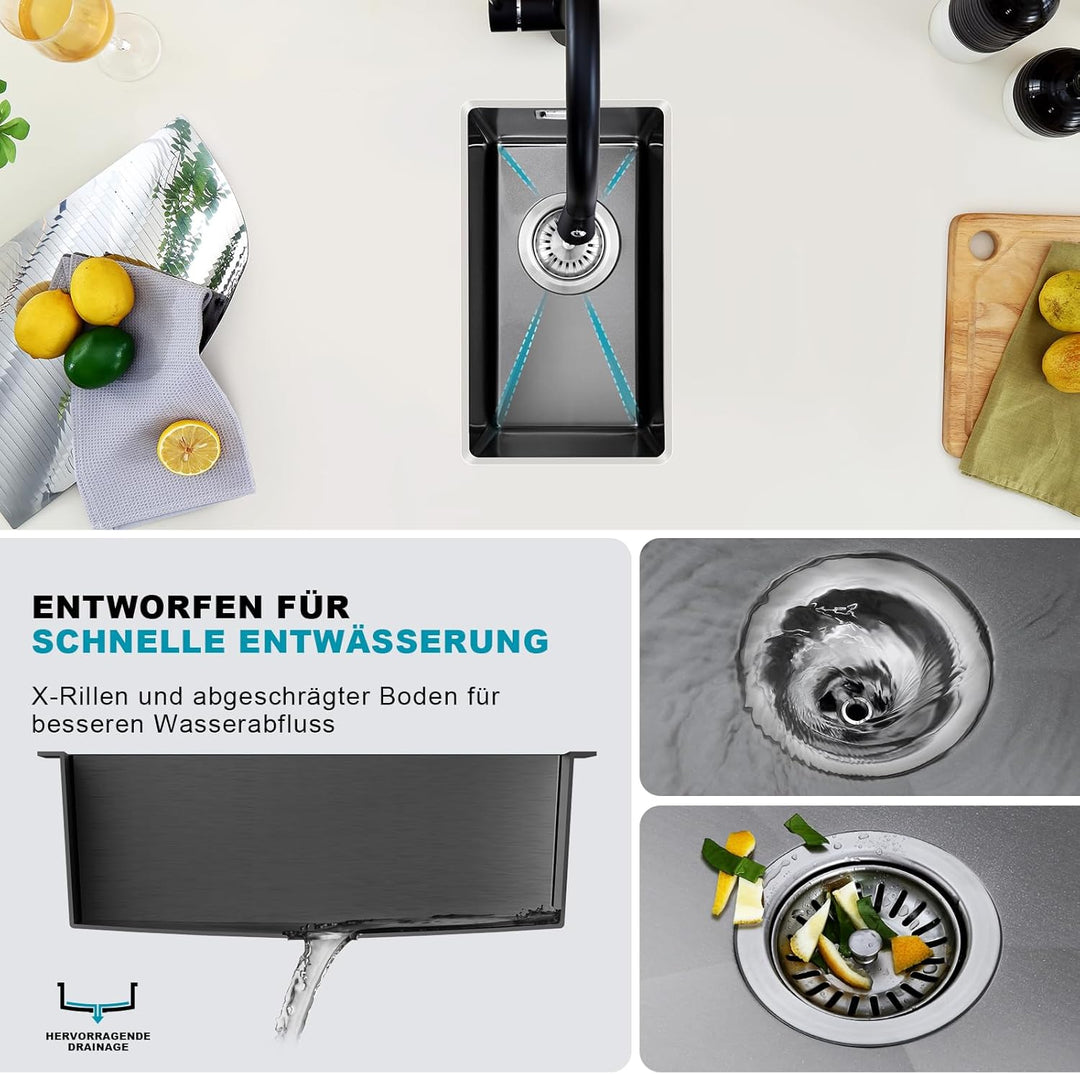 Klein Spüle Schwarz Anthrazit 25 x 40cm, Waschbecken Küche ohne Hahnloch 1 Becken Küchenspüle Graphi