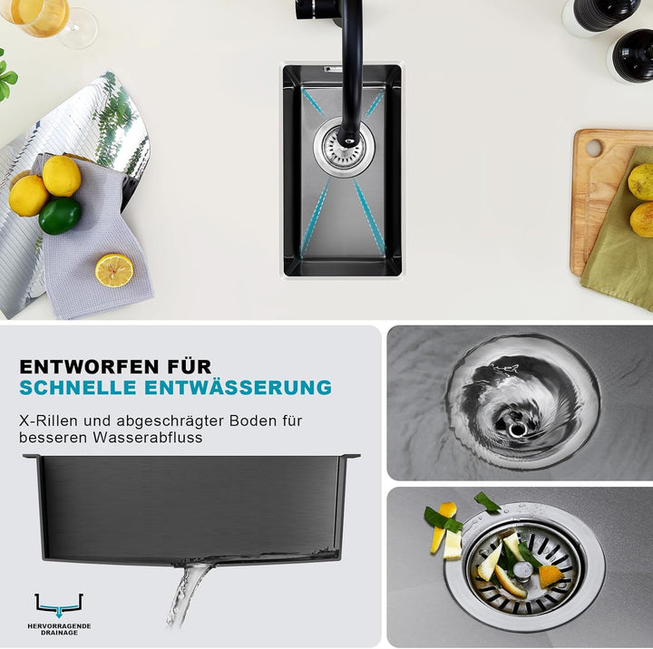 Klein Spüle Schwarz Anthrazit 25 x 40cm, Waschbecken Küche ohne Hahnloch 1 Becken Küchenspüle Graphi
