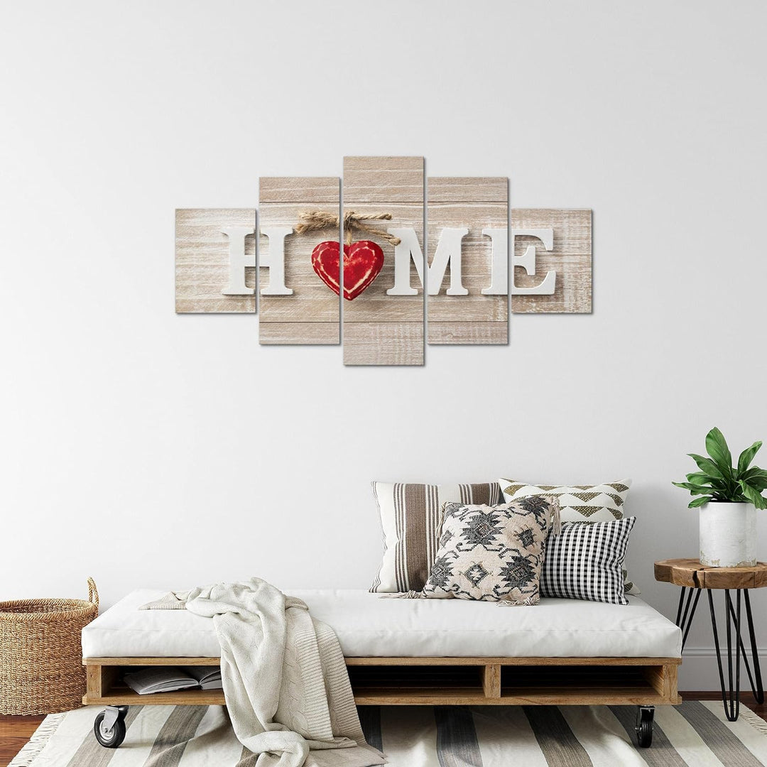 Runa Art Bild Wohnzimmer Home Herz 5 Teilig Holzoptik Beige Rot Wandbilder auf Vlies Leinwand 505253