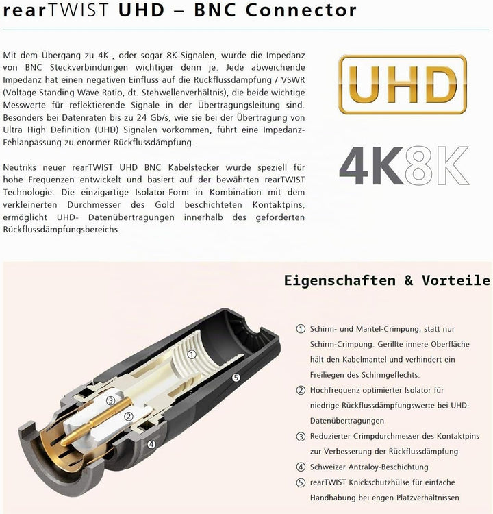 SOMMER CABLE - Koaxiales Videokabel mit BNC 75 Ω - HD/3G/6G/12G-SDI / 4K-UHD SC-Vector 0.8/3.7 - BNC