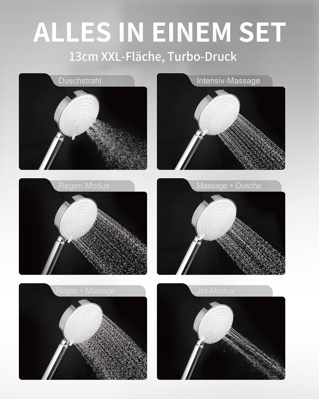 OFFO Duschkopf mit Schlauch 1,6m und Halterung, Handbrause mit Filter 6 Strahlarten, Duschkopf Gross