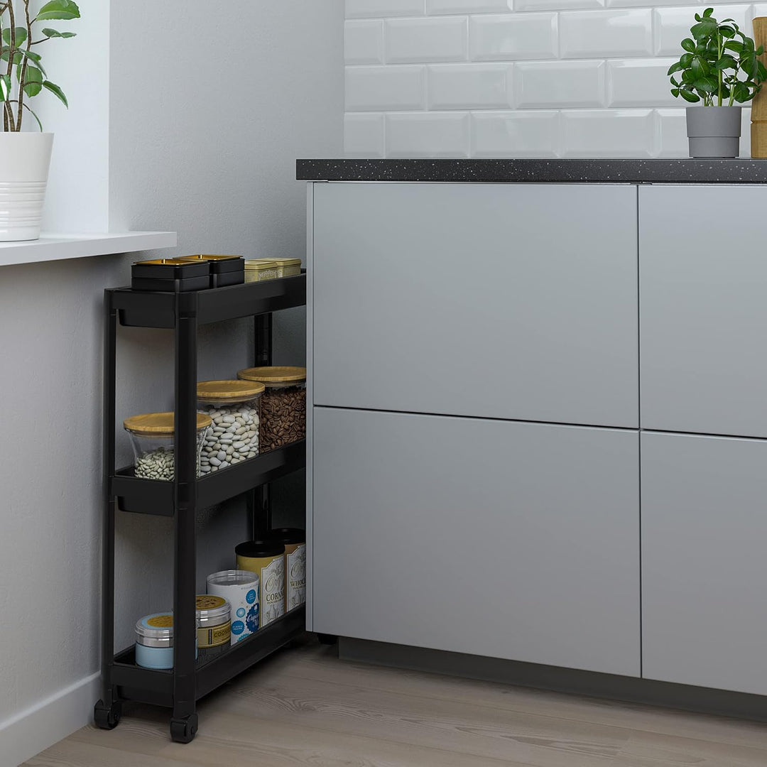 IKEA Rollwagen, 54 x 18 x 71 cm, schwarz – Metall, 6,0 kg Maximalgewicht, Stufenregal, inklusive Pfl