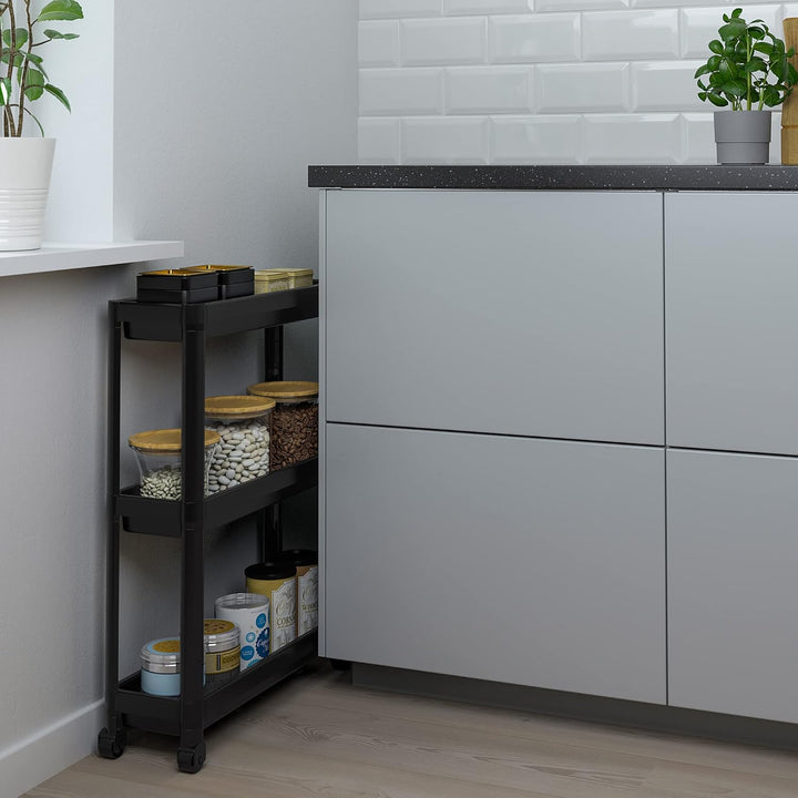 IKEA Rollwagen, 54 x 18 x 71 cm, schwarz – Metall, 6,0 kg Maximalgewicht, Stufenregal, inklusive Pfl