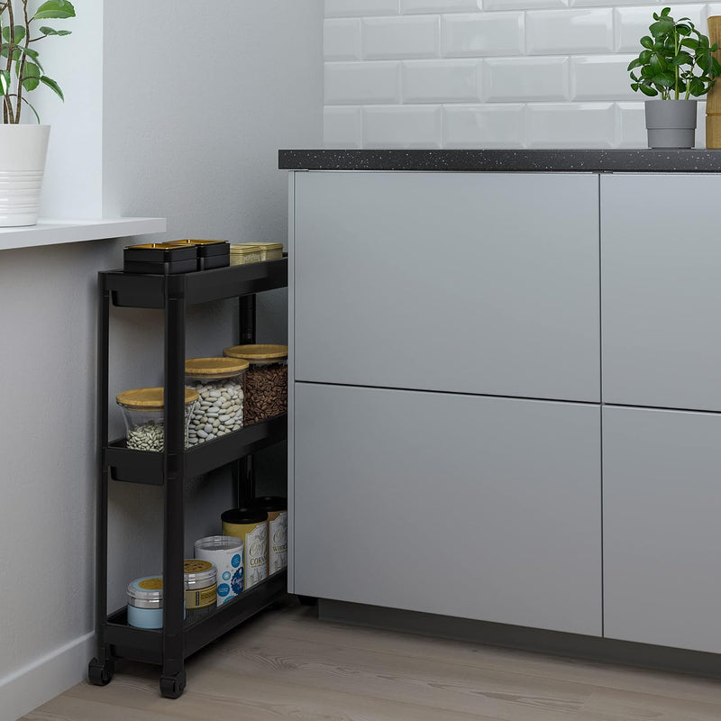IKEA Rollwagen, 54 x 18 x 71 cm, schwarz – Metall, 6,0 kg Maximalgewicht, Stufenregal, inklusive Pfl
