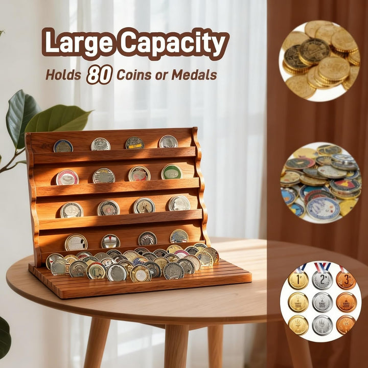 Coin Holder für 80+ Münzen, Münzständer Holz, Display Stand mit Neigung, Münzsammler Medaillenhalter