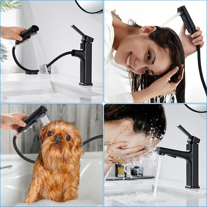 Wasserhahn Bad Ausziehbar Schwarz, Waschtischarmatur mit Herausziehbarer Brause 2 Strahlarten, Armat