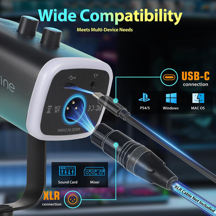 FIFINE XLR Mikrofon mit Arm, USB Dynamisch Microphone PC mit Boom Einstellbarer Mikrofonarm, Flach M