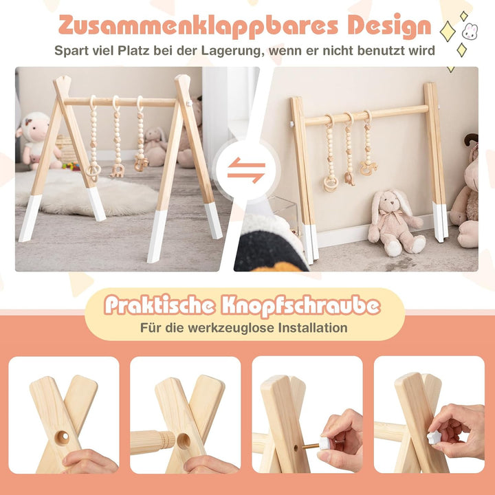 COSTWAY Baby Spielbogen Holz, Spieltrapez klappbar, Baby Gym mit 3 abnehmbaren Kinderspielzeugen, Sp