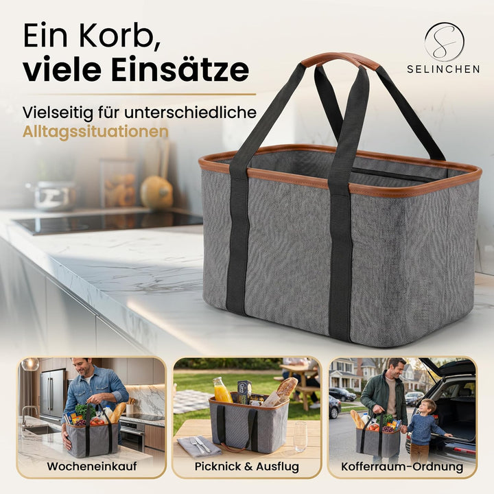 Selinchen® - Premium Einkaufskorb | Hochwertige Einkaufstasche faltbar und mit PU-Ledergriff | Ideal
