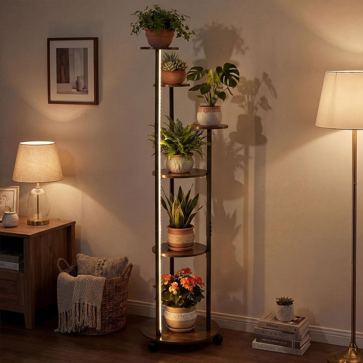 COSTWAY Blumenständer, 6-stufiges Pflanzenständer mit LED-Beleuchtung & Rollen, Pflanzenregal Outdoo