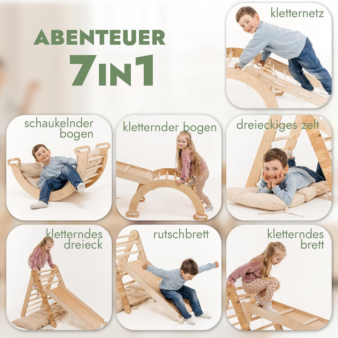 Goodevas 5-in-1 Montessori Klettergerüst Set: Indoor Kletterdreieck, Kletterbogen mit Kissen, Klette