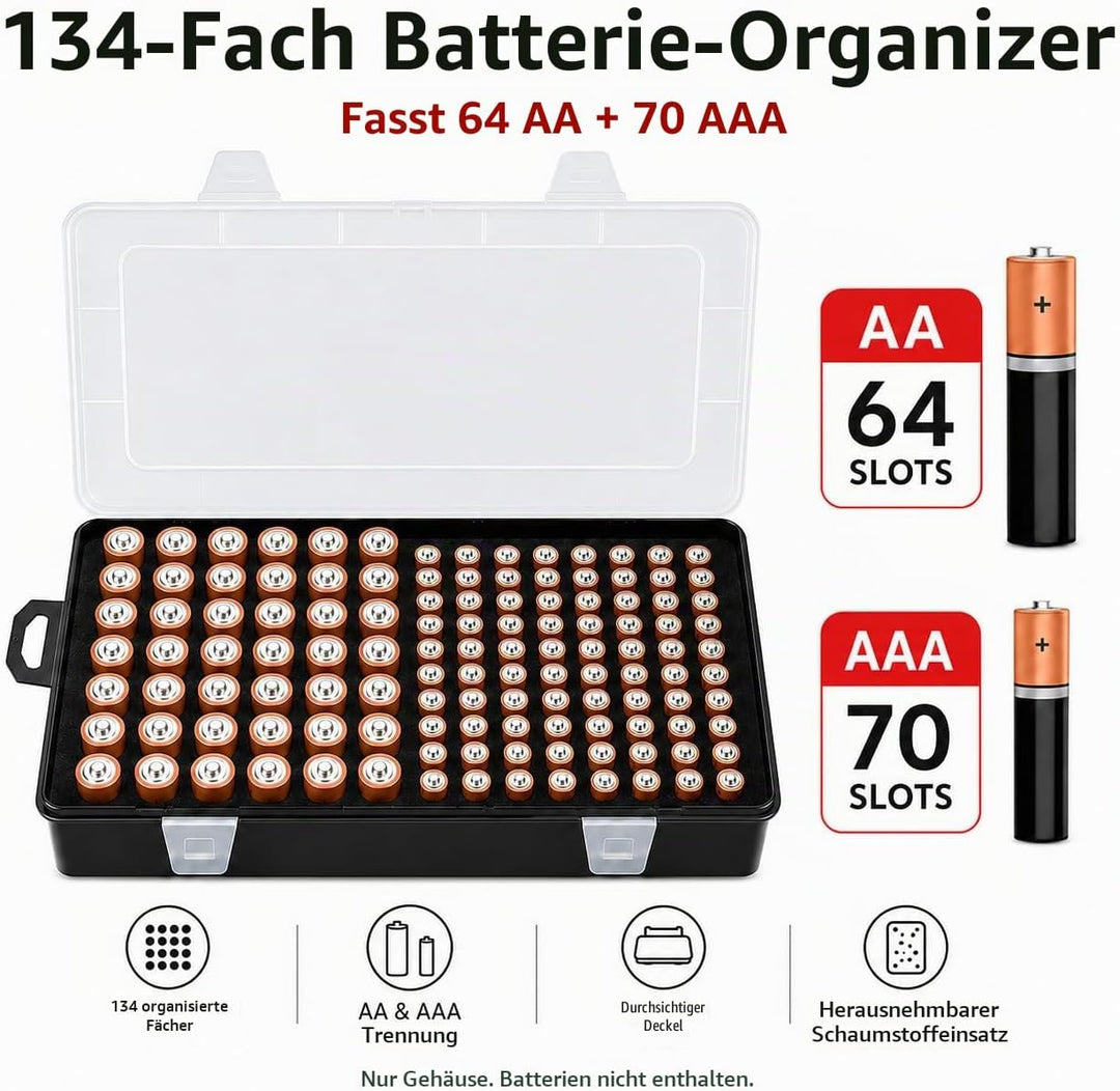 Xuerdon Batterie Aufbewahrungsbox, Batterie Box für 134 Stk. AA &amp; AAA Batterien, Tragbare Garage-Org