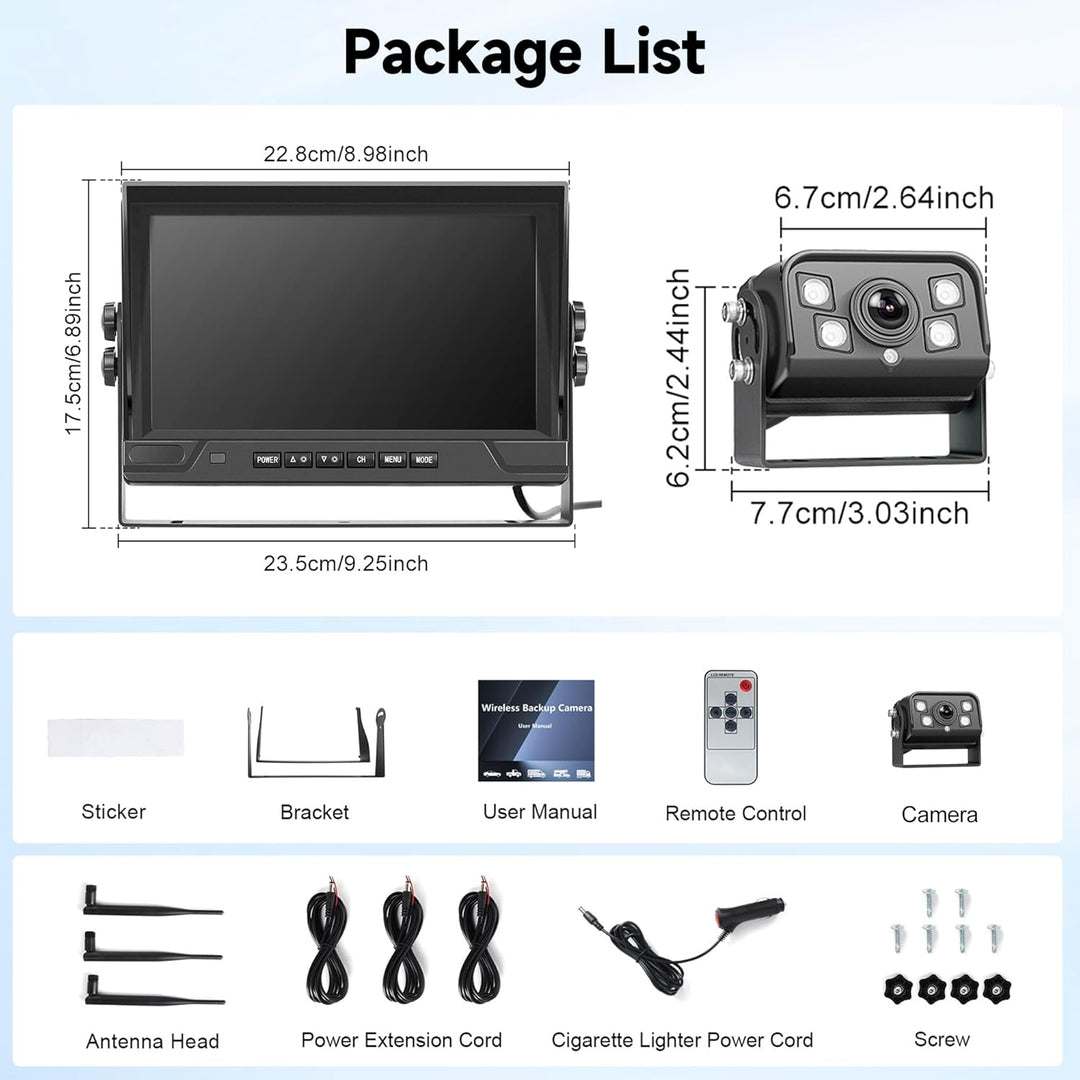 Rückfahrkamera Kabellos Kit, 1 Kamera mit 9 Zoll IPS Monitor, Rückfahrkamera mit IP68 wasserdichte,