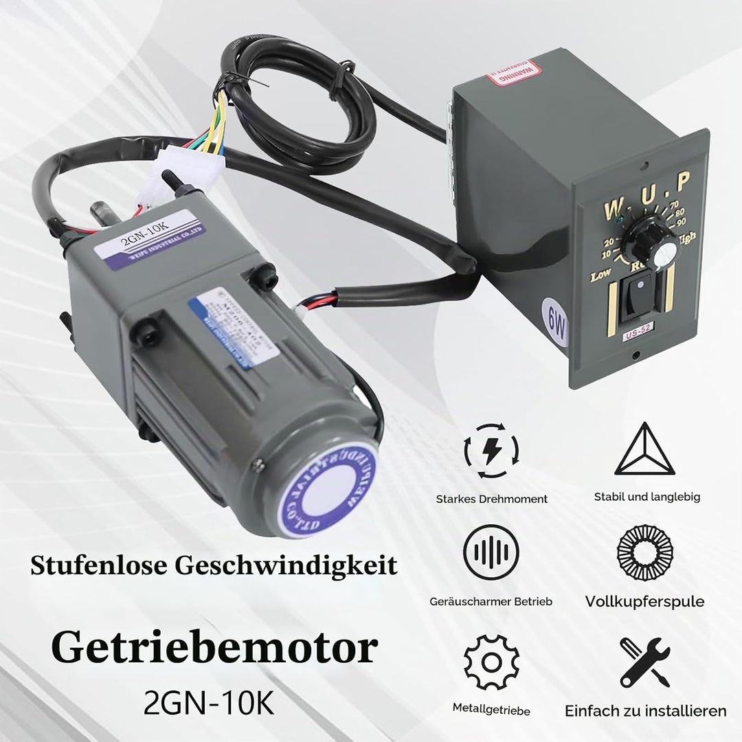 Getriebemotor Elektromotor, Wechselstrom 6W 220V Gear Motor 0-135 RPM (10K), 8 Nm, Stufenlos Einstel