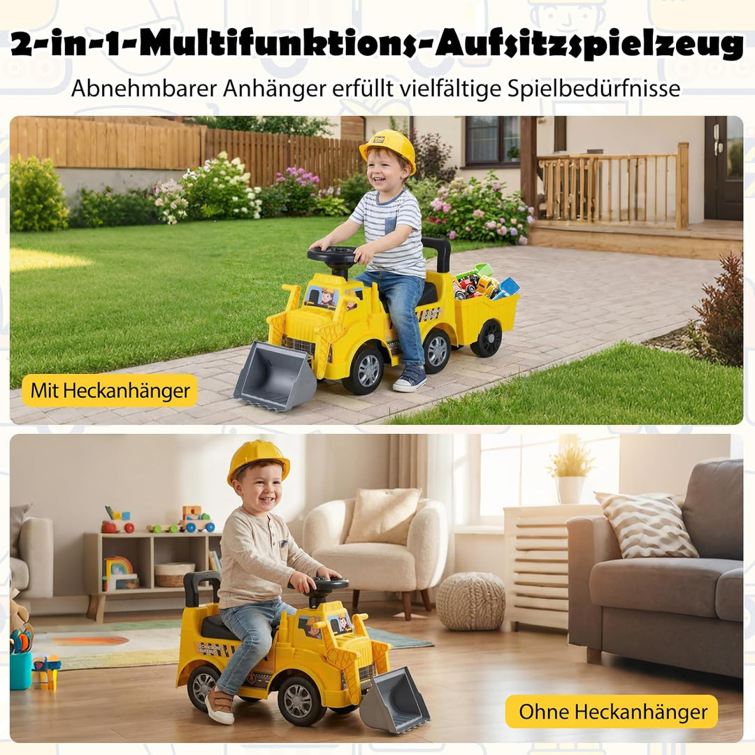 DREAMADE Bagger zum draufsitzen, Kinderbagger mit Verstellbarer Schaufel, abnehmbarem Anhänger, Lenk