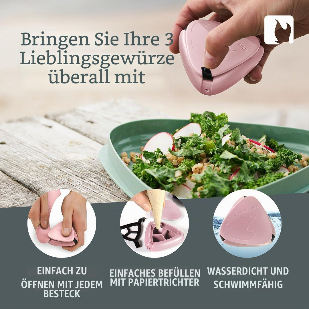 Light My Fire Salzstreuer Pfefferstreuer mit Deckel Camping Gewürzstreuer 3 Fächer Mini Salz- Pfeffe