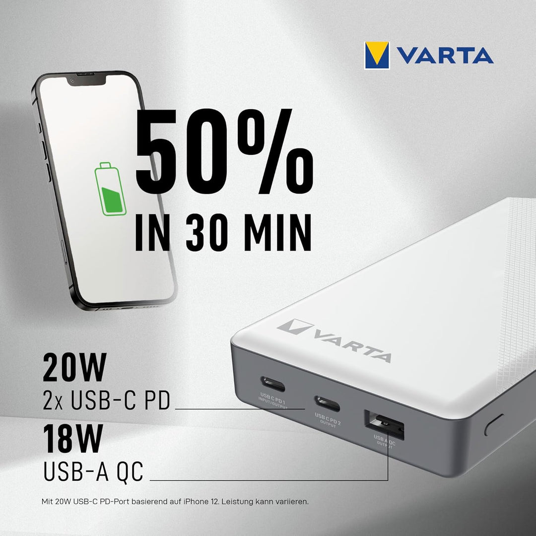 VARTA Power Bank 20000mAh, Powerbank Energy mit 4 Anschlüssen (1x Micro USB, 2x USB A, 1x USB C), ko