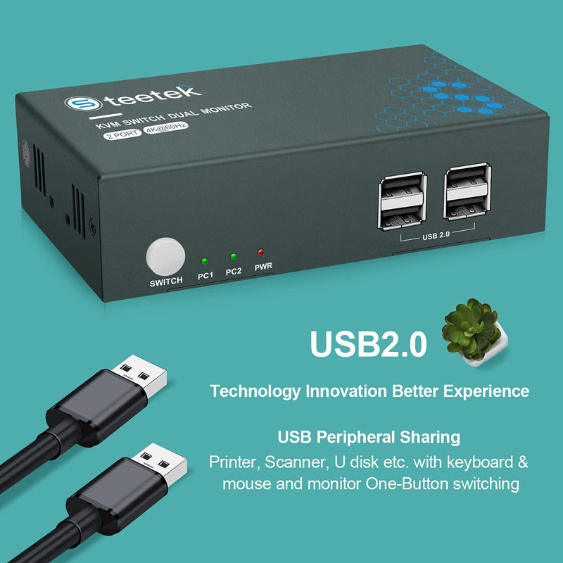 Steetek KVM Switch 2 Monitore 2 Port 4K@60Hz, USB2.0, KVM Switch HDMI unterstützung Button Switch, 2