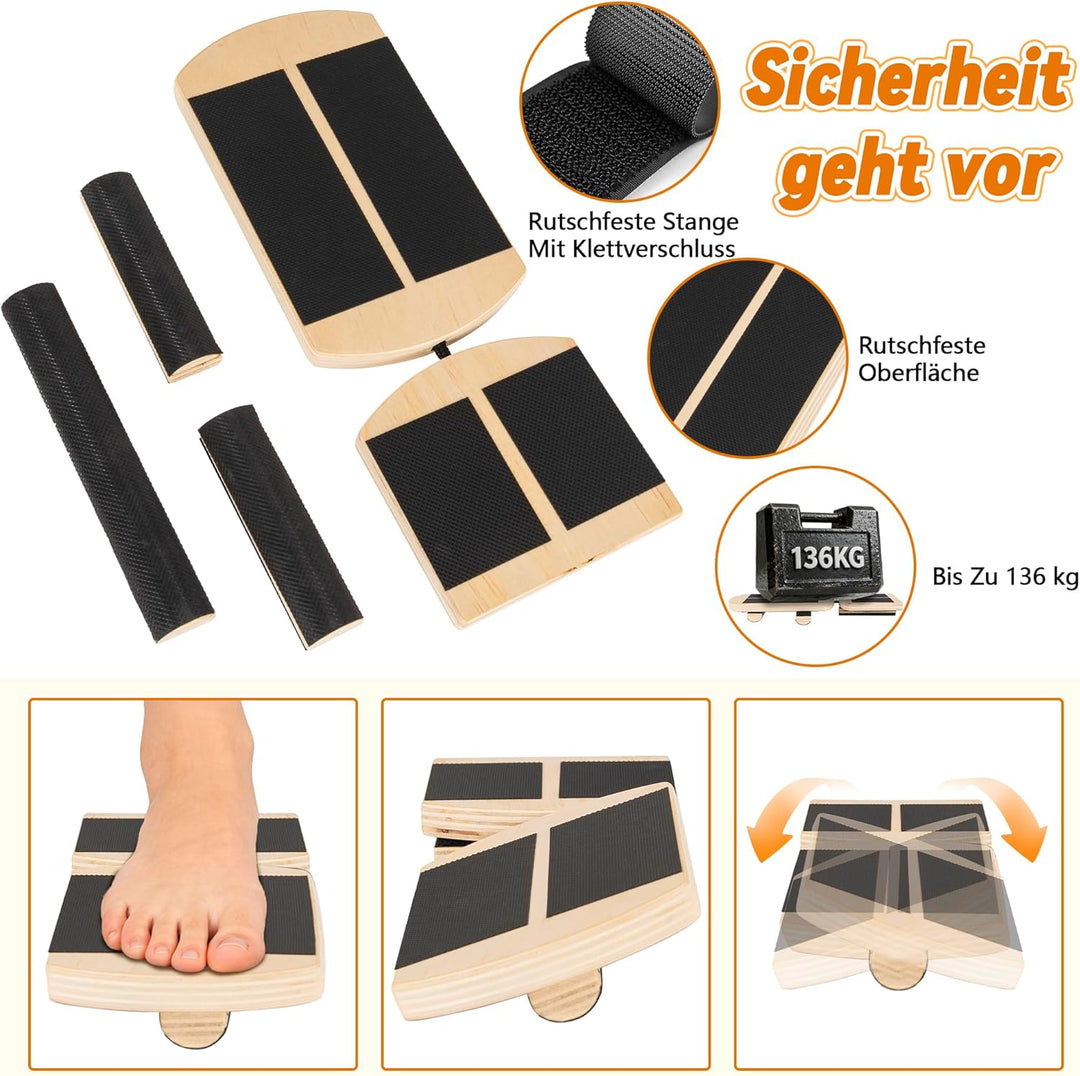 Knöchel-Balanceboard aus Holz,Rutschfester Knöcheltrainer Fusstrainer mit 2 Verstellbare Seitenplatt