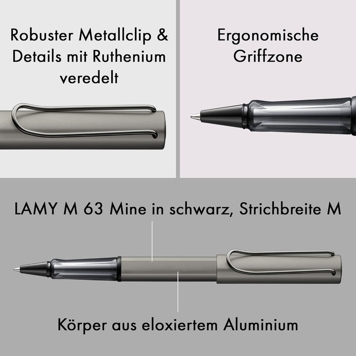 LAMY Lx Tintenroller 357 – Rollpen aus Aluminium, edel eloxiert in der Farbe Ruthenium mit transpare
