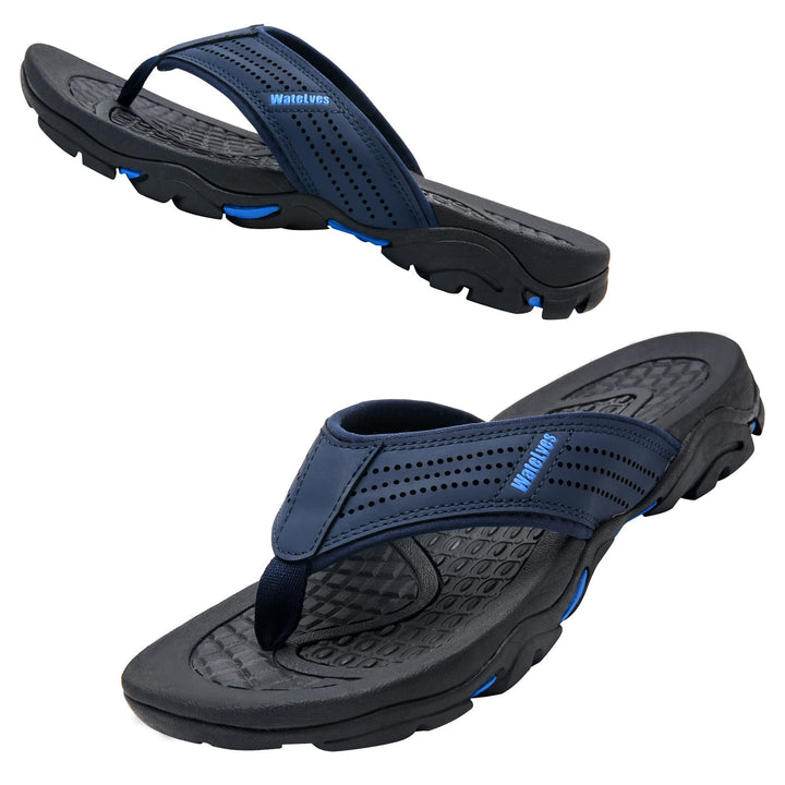 WateLves Herren Flip Flops Zehentrenner Leder mit Arch Support Sandalen Weich Leder Stoff Badelatsch
