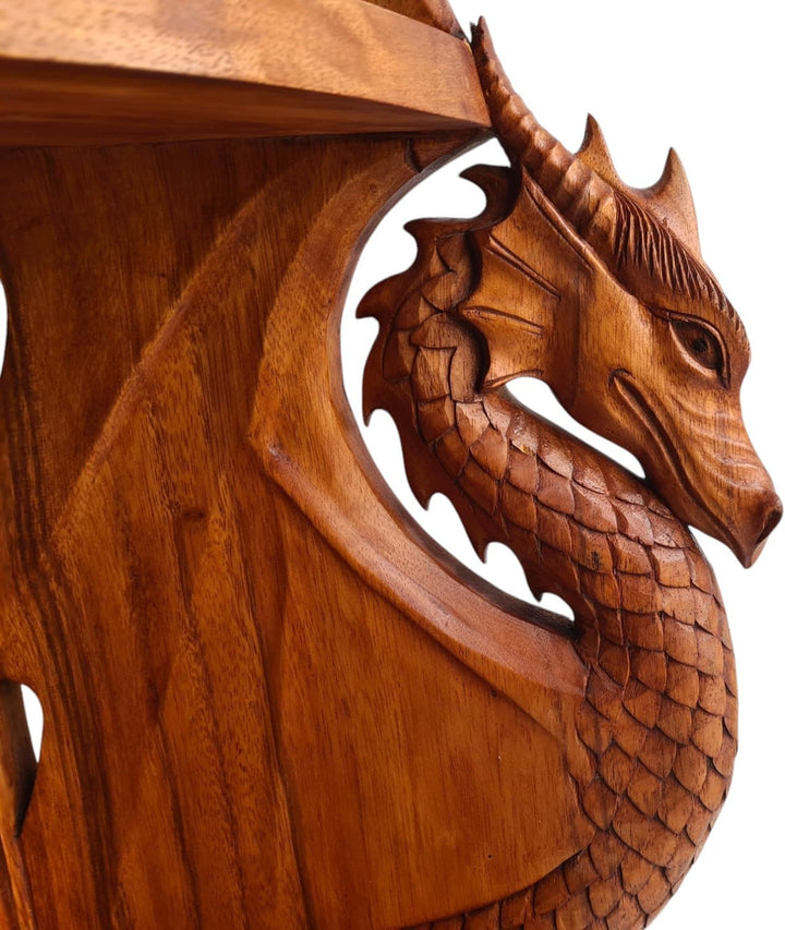 Windalf Hobbit-Style Drachen Eck-Regal DRACONI 70 cm mit 2 Ablagen Rustikales Wandregal Bücherregal