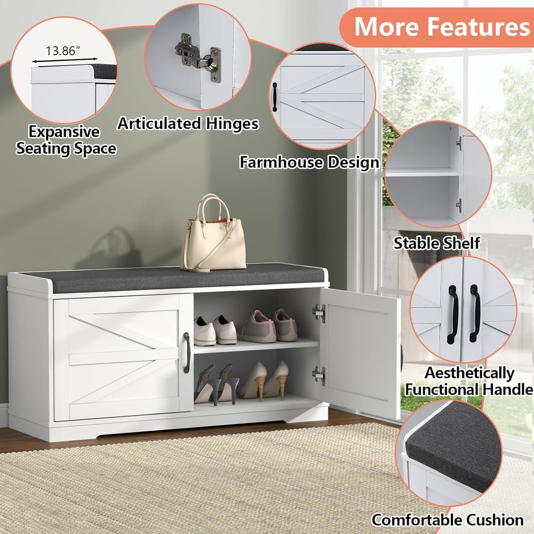 Schuhbank Schwarz, Schuhregal mit Sitzfläche, Schuhschrank mit Sitzkissen, Schuhbank mit Türen, Schu