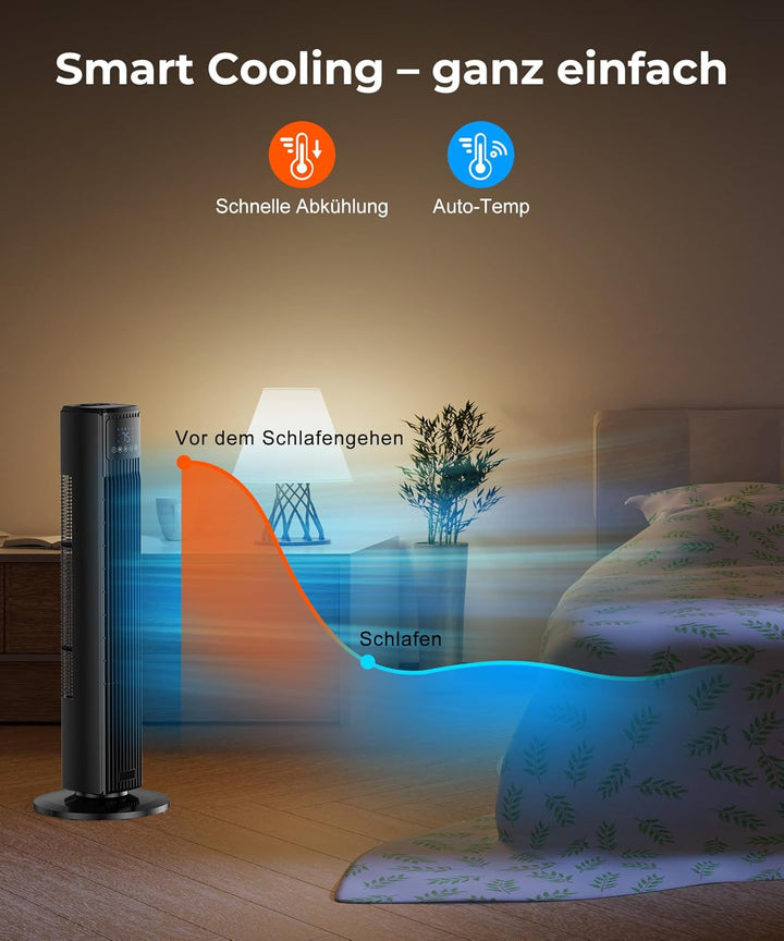 PNTCK Turmventilator, Ventilator leise mit Fernbedienung, 90° oszillierender Standventilator mit 4 G