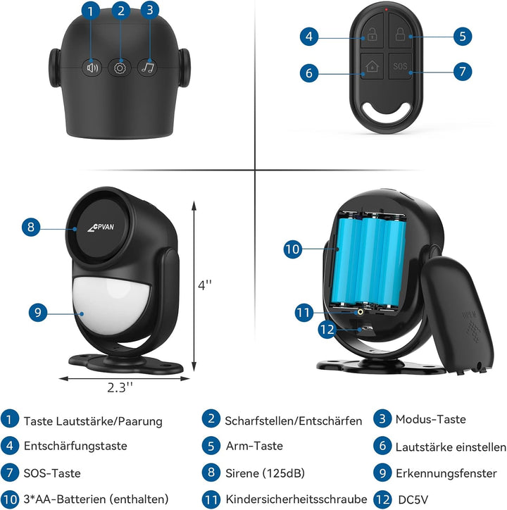 CPVAN PIR Bewegungsmelder Alarm, Bewegungssensor mit Fernbedienung, 125 dB, Anti-Diebstahl Alarmanla