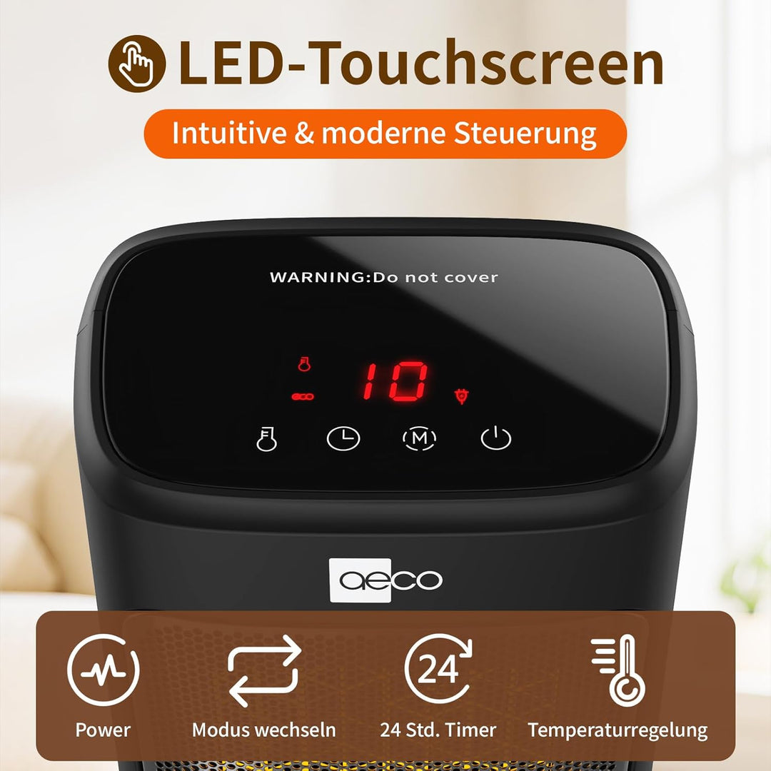 aeco EcoHeat Core 2000W Heizlüfter Energiesparend klein LED Touch ECO-Modus leise Mini Heater 24 Std