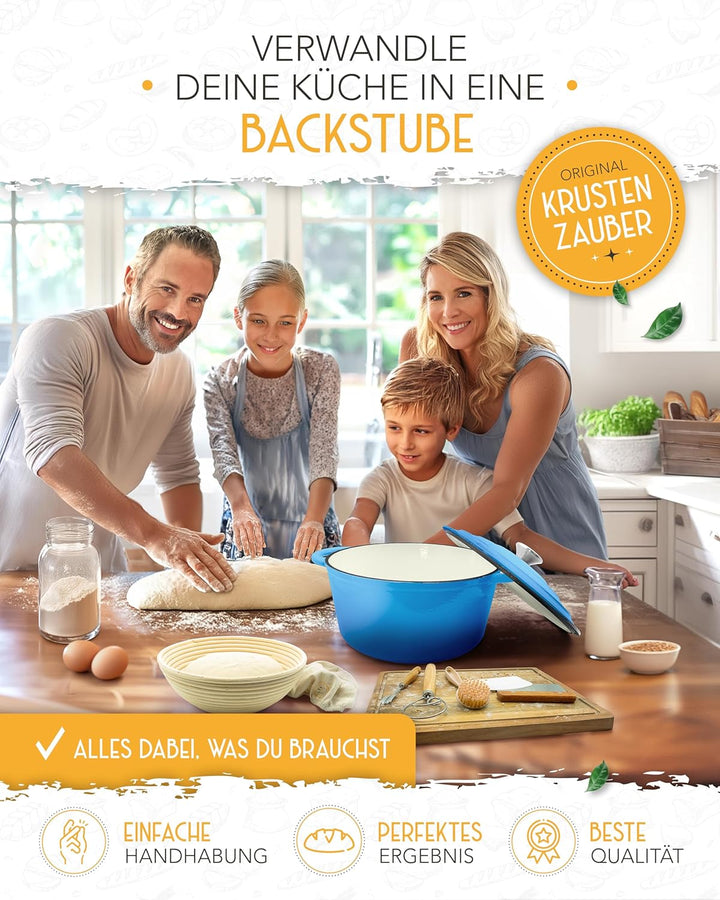 Gusseisen Topf Brot Backen emailliert im XXL Set - Brotbackform mit Deckel inkl Gärkorb, Schneebesen