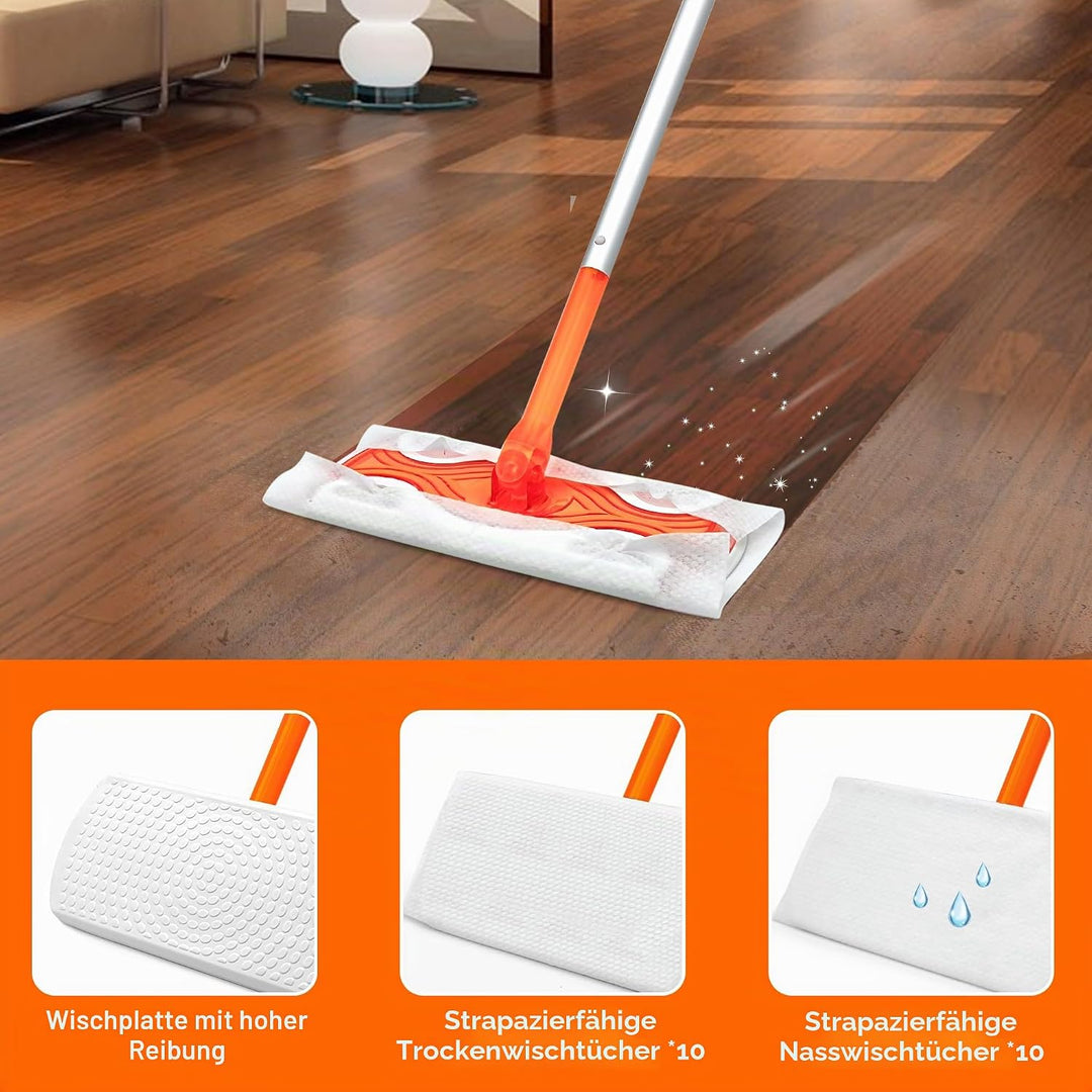 JEHONN Bodenwischer Nass für Swiffer Pads, 2-in-1 Wet Dry Starterset, Feuchte Bodentücher mit 10 Tro
