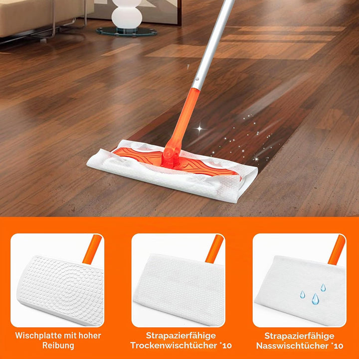 JEHONN Bodenwischer Nass für Swiffer Pads, 2-in-1 Wet Dry Starterset, Feuchte Bodentücher mit 10 Tro