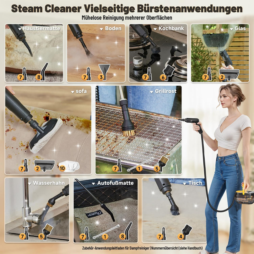 Dampfreiniger 3 stufig verstellbarer Griff, 15 Sekunden Aufheizzeit, 1,6L Wassertank, Dampfreiniger