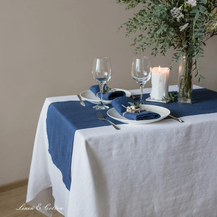 Linen &amp; Cotton Tischläufer Stoff Tischband Tischdeko Hygge 100% Leinen, Dunkelblau Blau (40 x 180 cm